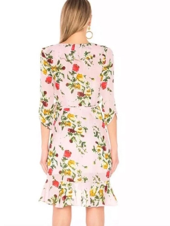 Milly of New York Light Blue Floral Wrap Midi Dress with Yellow & Red Roses - Picture 6 of 15